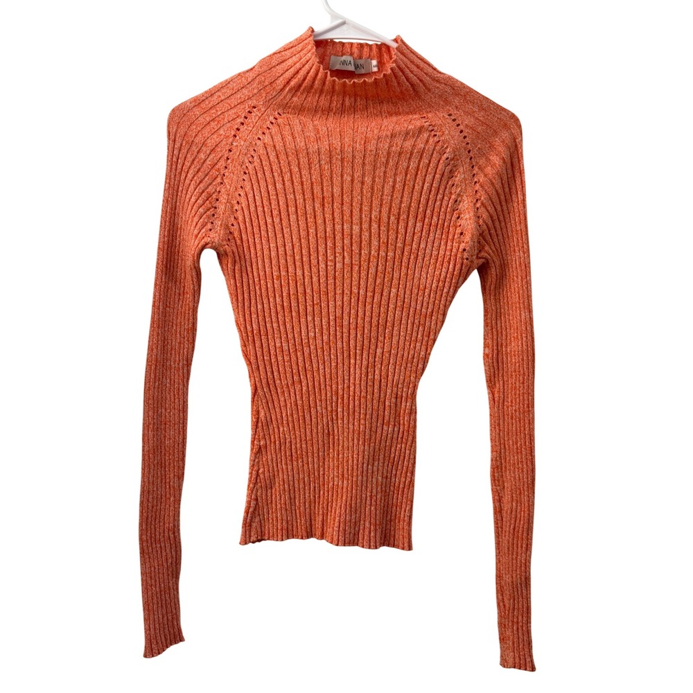 Anna Quan Orange Marled Ribbed Cotton Mock Neck Sweater Size 6 Long Sleeve